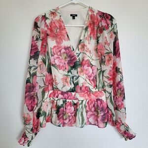 Express Pink Floral Peplum Deep V Blouse Top